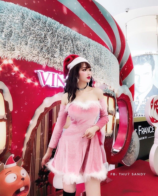Váy cúp trễ vai viền lông noel siêu xinhhhh