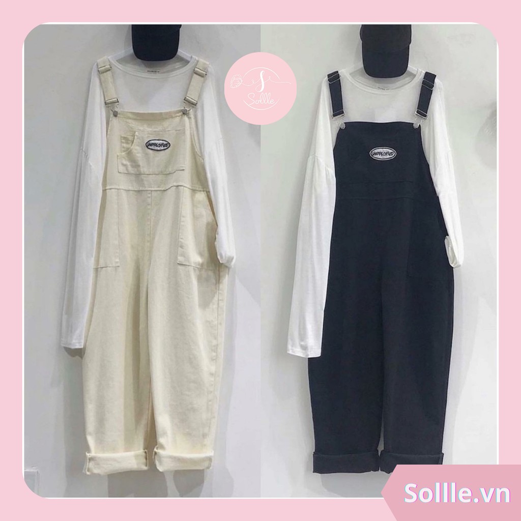 Quần yếm kaki basic dáng suông Unisex, yếm 2 dây thêu chữ phong cách Hàn Quốc
