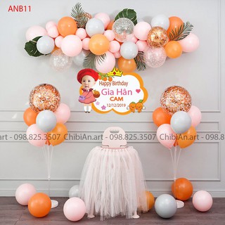 Set phụ kiện trang trí sinh nhật ANB11 cho bé đẹp rẻ - Bóng bay - Kèm Phông bạt & In tên - Màu hồng cam