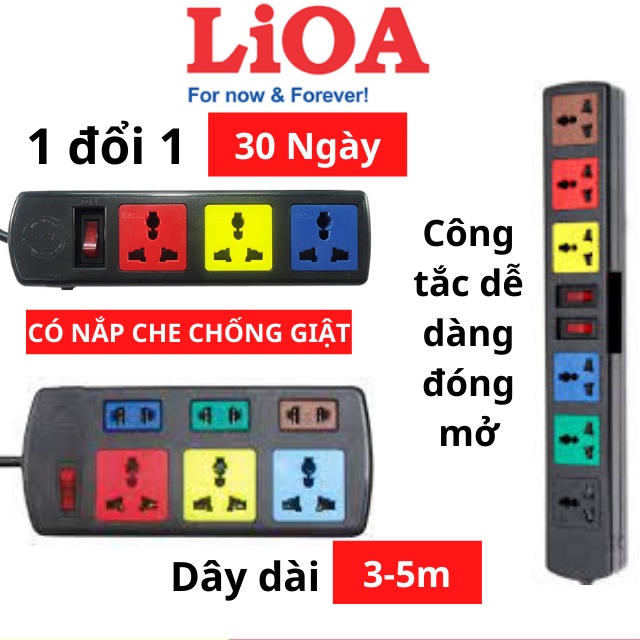 Ổ Cắm Điện LIOA Có Nắp Che Chống Giật Công Tắc Đóng Mở, Chịu Tải Điện Cao Dây Dài 3m/5m được bọc nhựa cách điện an toàn