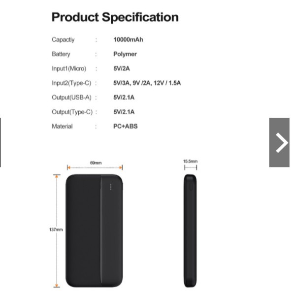 Sạc Dự Phòng YKZ USB Type C Dung Lượng 10000mAh Sạc nhanh QC/PD/18W Màu đen/ Trăng