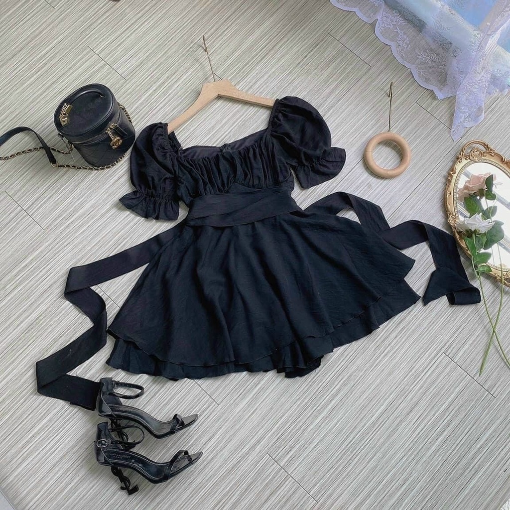 [FREESHIP] Jump ngắn xếp ly ngực cột nơ eo bèo tầng màu đen/hồng NÀNG CLOSET