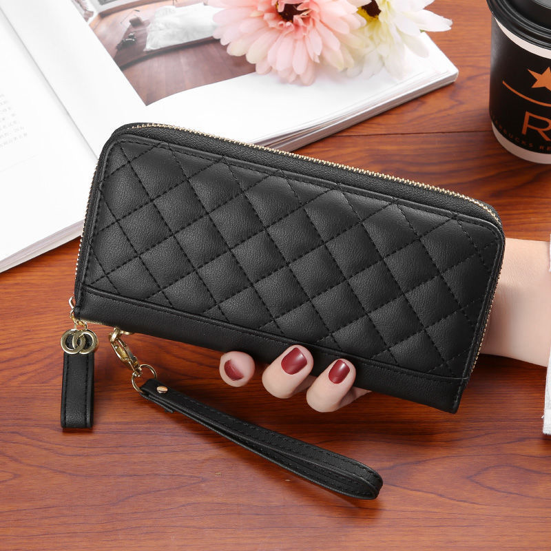 European And American Small Wallet Female 2021 New Korean Version Wild Embroidery Grid Zipper Clutch Large Capacity Long Wallet