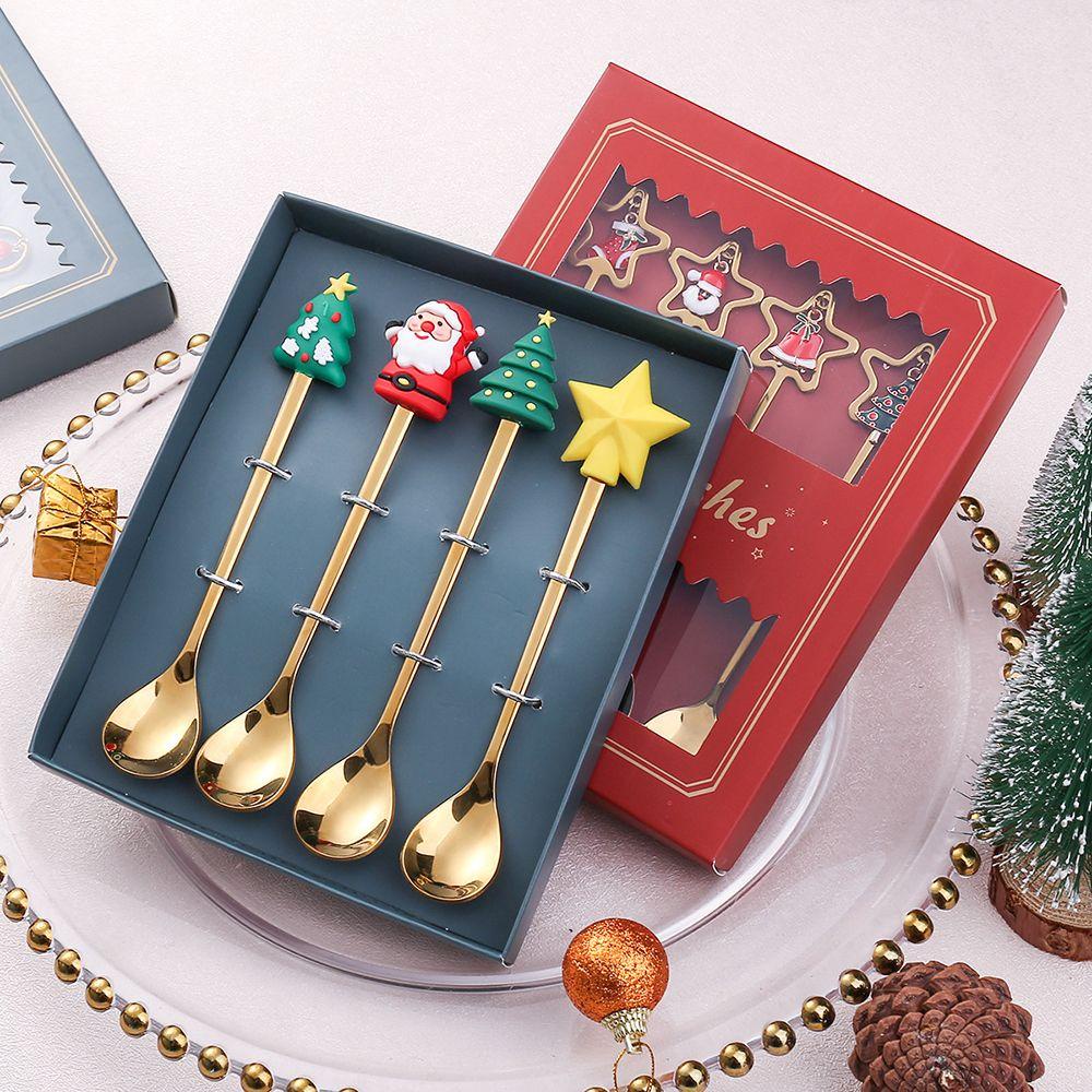 Set 4 Muỗng Ăn Kem Bằng Thép Không Gỉ Hình Ông Già Noel