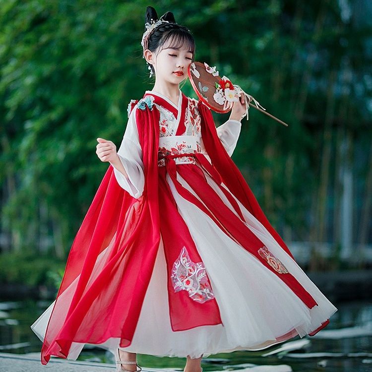 Váy Hán phục siêu tiên của bé gái Trung Quốc, váy thời Đường phiêu dật, váy cổ trang cổ trang của trẻ em, xuân thu 13,9