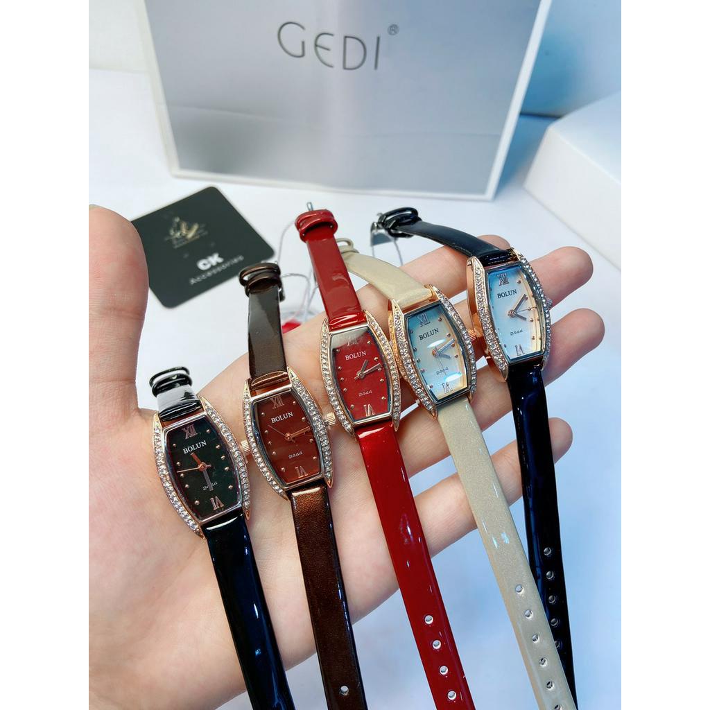 Đồng hồ nữ Bolun dây da mặt hình thùng rượu viền đá ảnh thật