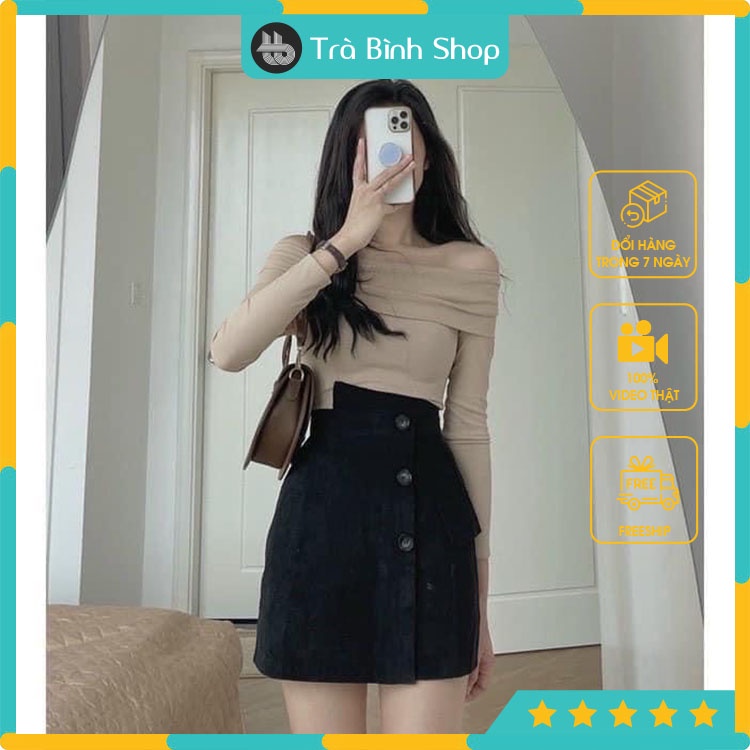 Áo len trễ vai dài tay suông trơn ba màu trẻ trung