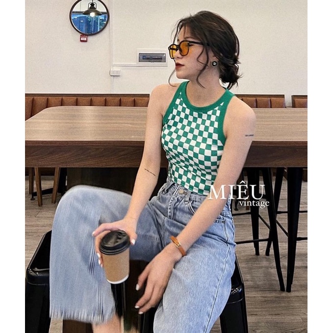 Áo Croptop Ba Lỗ Sát Nách Không Tay Kẻ Caro Xanh