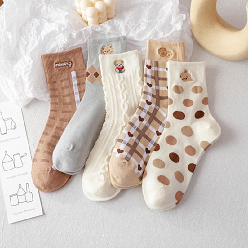 Vớ cotton thoáng khí in họa tiết gấu hoạt hình dễ thương phong cách Hàn Quốc thời trang thu đông
