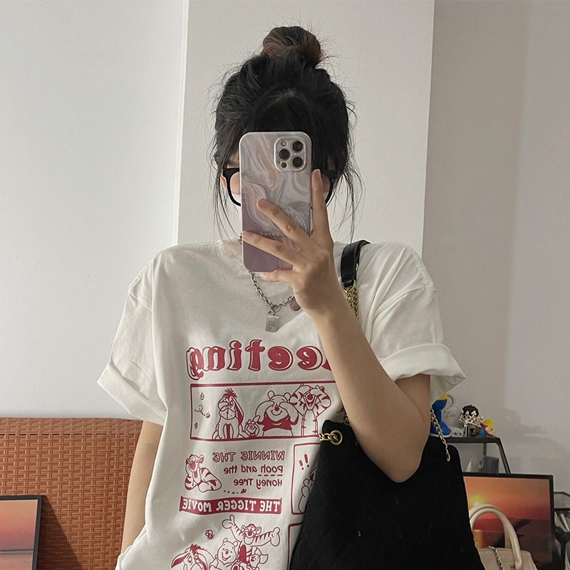 QKOOLE  【12 color】Áo Thun Nữ Tay Ngắn In Họa Tiết Cổ Điển Hàn Quốc 12 Màu Sắc