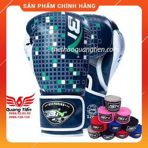 Freeship găng tay boxing Bn new 2019 chấm bi xanh trắng ghi