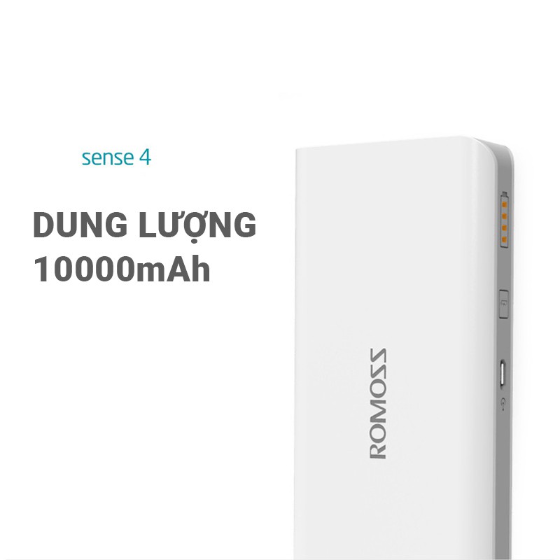 Pin sạc dự phòng Romoss Sense 4 10000mAh có 2 cổng sạc ra USB, 1 cổng sạc vào Micro hỗ trợ sạc nhanh tốc độ 2.1A nhỏ gọn