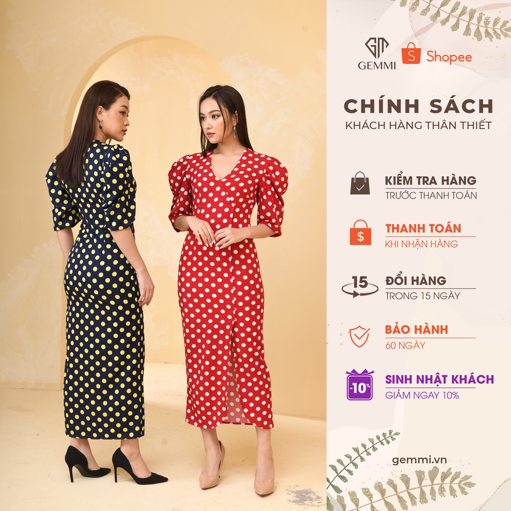 Váy nữ ôm dáng thiết kế cổ V tay bồng chấm bi Gemmi fashion, DK8450