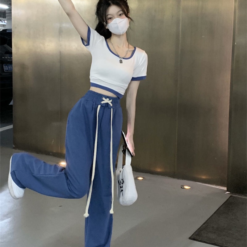 Set đồ COZOK gồm áo thun ngắn tay và quần dài ống rộng thời trang cho nữ