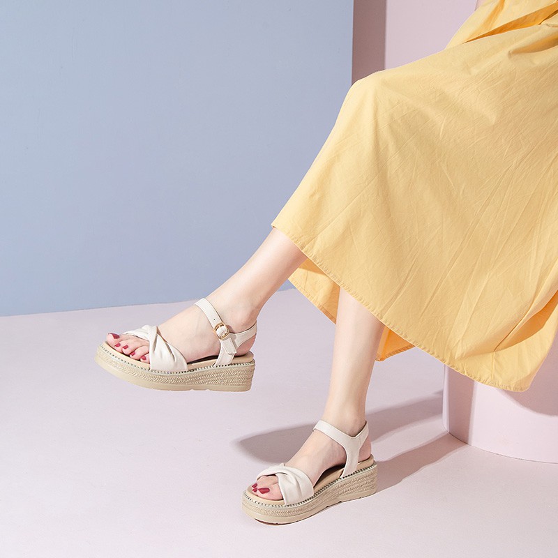 Sandal đế xuồng Dusto quai nơ xinh xắn, đế cao 4cm