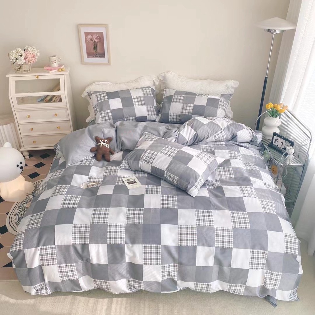 Bộ chăn ga gối cotton organic Kẻ caro ghi SHOP vũ thị thơm