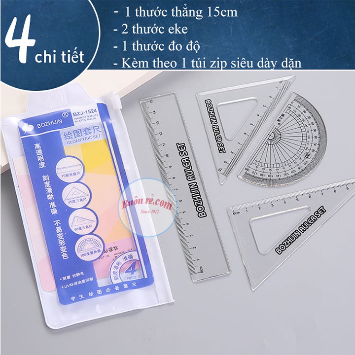 Bộ thước kẻ eke 4 chi tiết kèm túi zip học toán hữu ích 01079