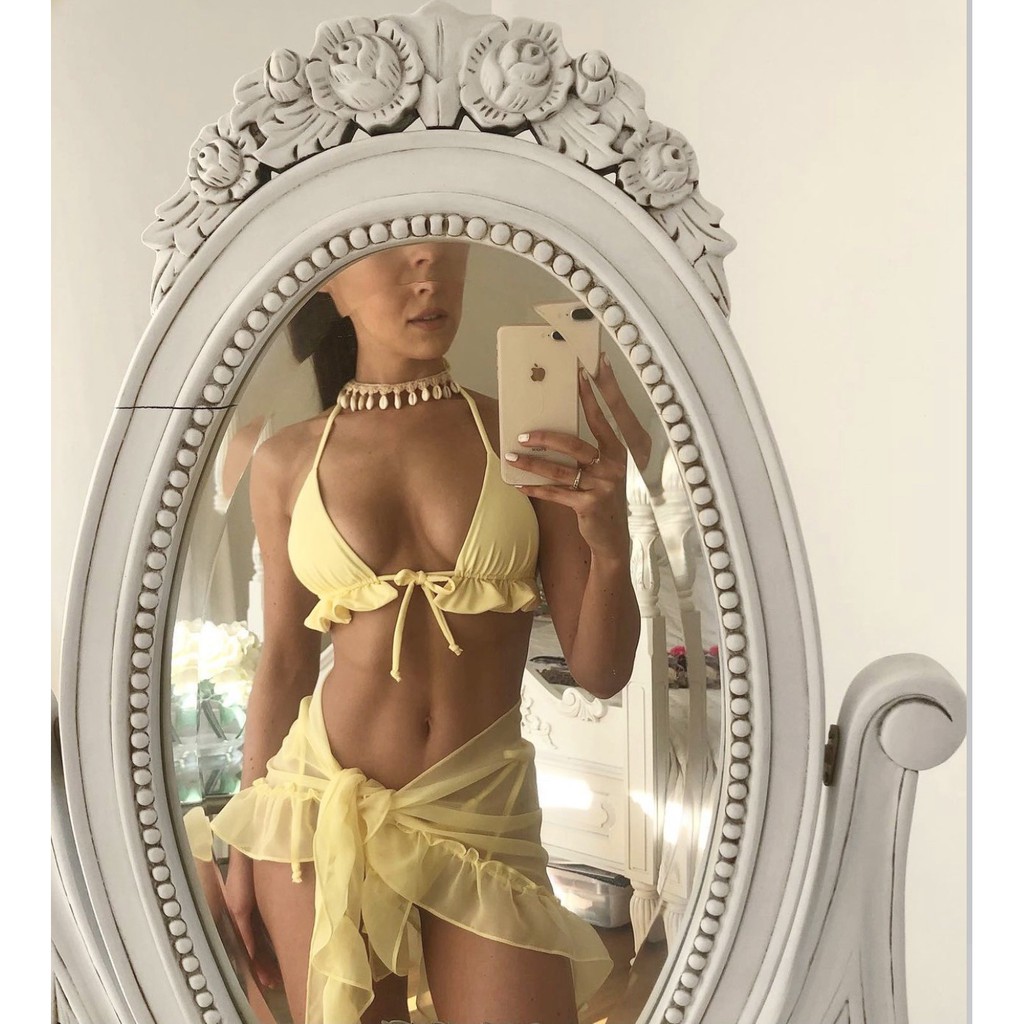 [BKN1395] &lt;ÂU&gt; SET BIKINI 3 MÓN VÀNG/TÍM LILAC KÈM KHĂN HÔNG VIỀN BÈO
