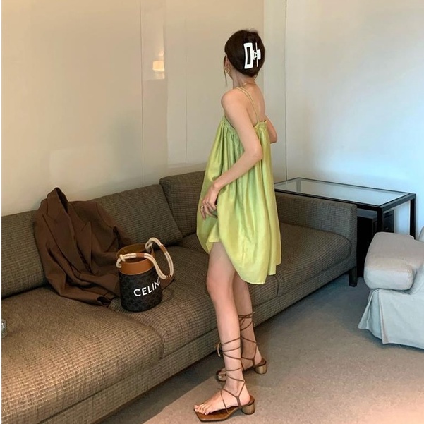 [MURIOKI] Đầm Hai Dây Phồng Màu Xanh Lá Phong Cách Pháp Thời Trang Cho Nữ
