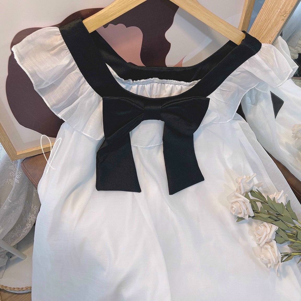Đầm baby doll phối bèo nơ ngực xinh xắn