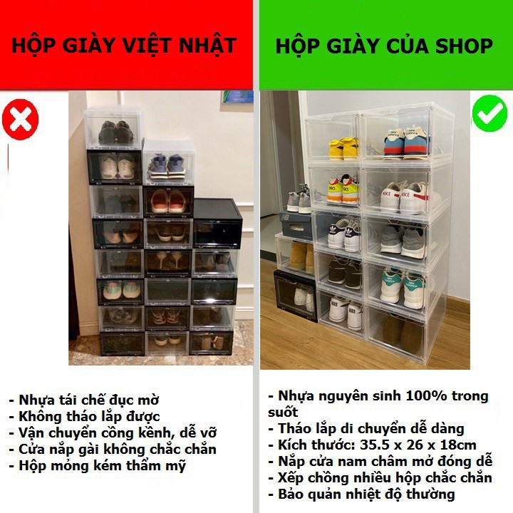 Hộp đựng giày nhựa cứng cửa mở nam châm tặng gói hút ẩm