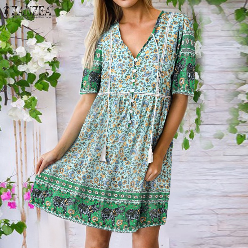 Zanzea Đầm Mini Dáng Chữ A Tay Lửng Cổ Chữ V In Họa Tiết Hoa Retro Thời Trang Đi Biển Cho Nữ