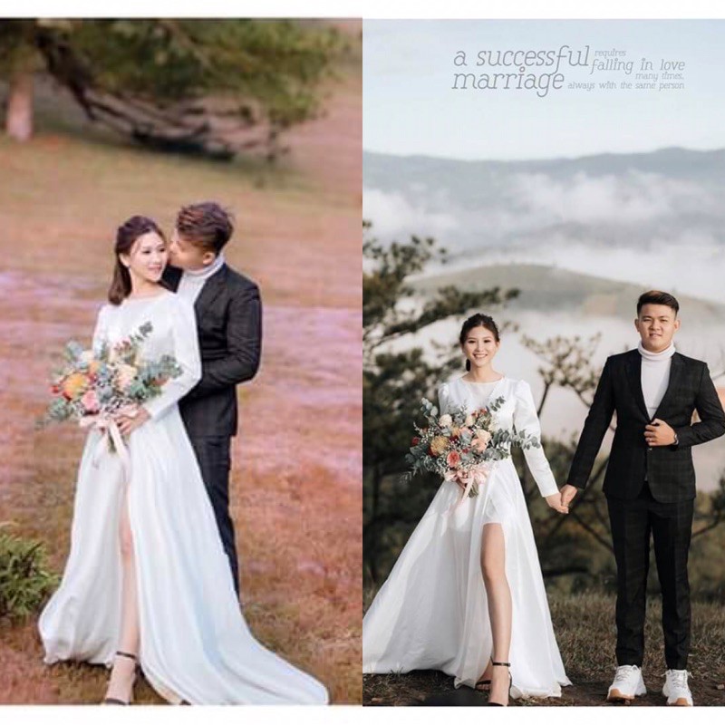 (free chỉnh sửa váy) có Size to dạ hội cưới phi trắng tay dài xẻ tà váy cưới cô dâu trắng chụp hình cưới Hàn Quốc | BigBuy360 - bigbuy360.vn