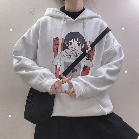 Áo Hoodie nhung tay dài in họa tiết hoạt hình Anime Nhật Bản