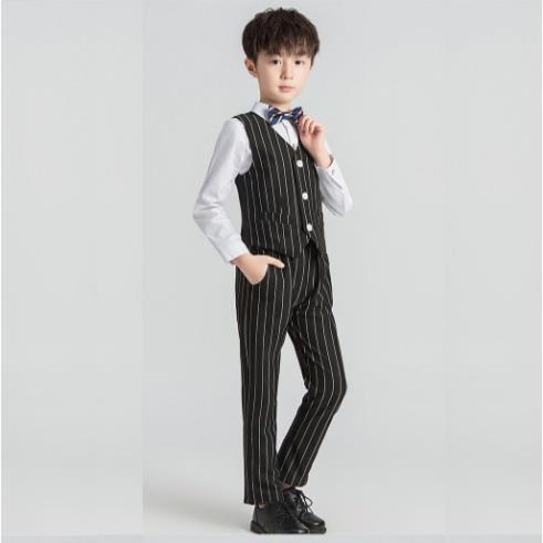 Bộ ghile bé trai kẻ đen TQB034 TQB035 gồm 3 chi tiết (áo ghile + áo sơ mi + quần tây) tặng kèm nơ