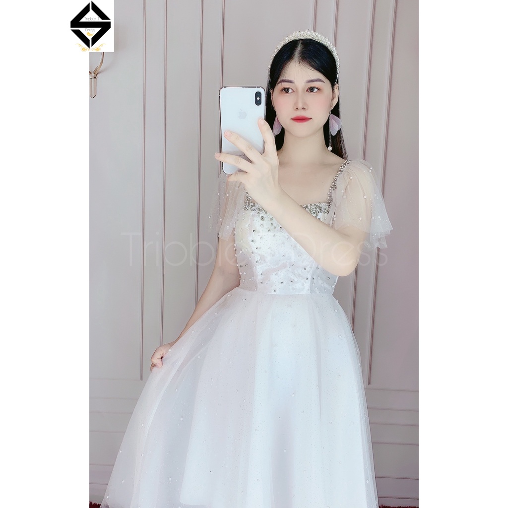 Đầm xoè dự tiệc xếp tầng tay dài TRIPBLE TDRESS - Free size dưới 54kg
