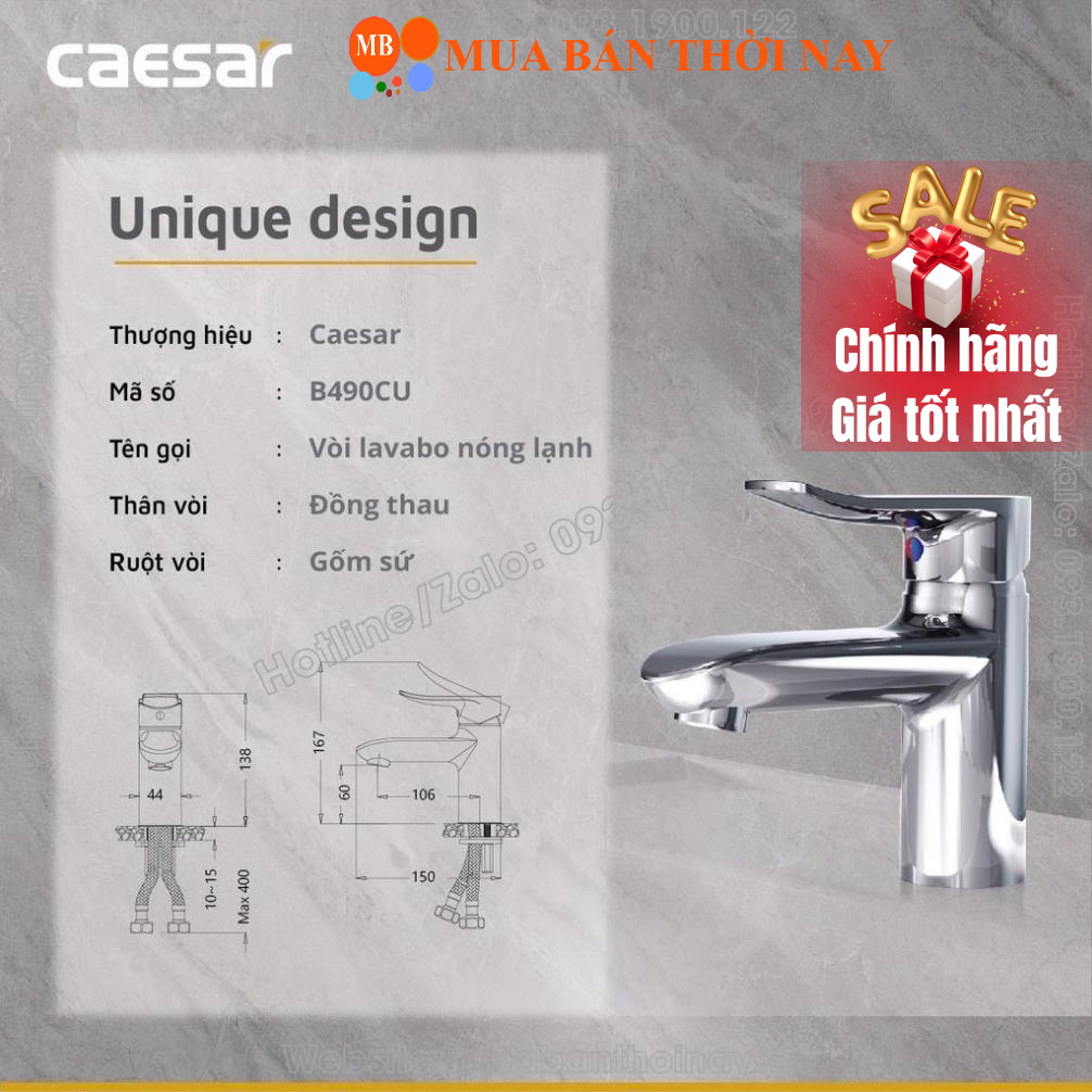 Vòi lavabo nóng lạnh CAESAR B490CU, Vòi chậu rửa tay 2 đường nước, Cam kết chính hãng
