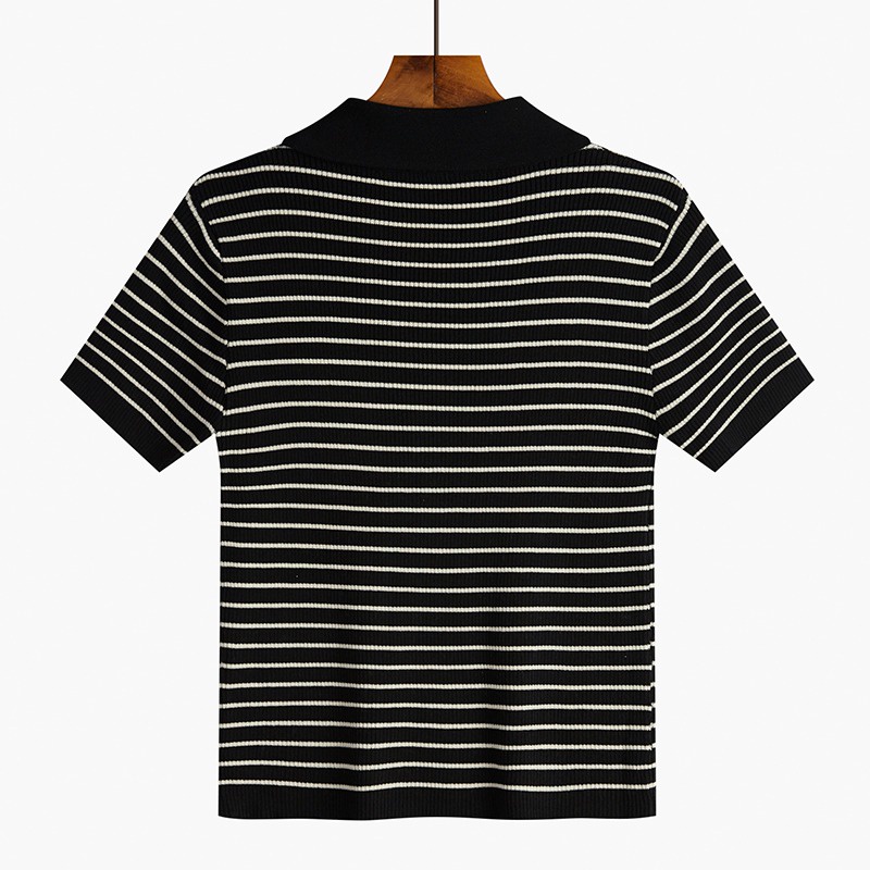 Áo polo ZHELIHANGFEI dệt kim tay ngắn cổ bẻ có nút cài họa tiết kẻ sọc thời trang dành cho nữ
