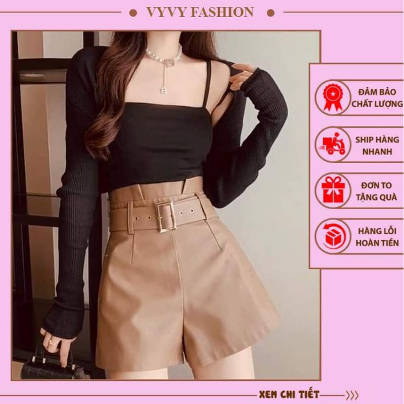 Quần sooc da nữ thời trang-quần short da cạp chun to dáng xòe hàng cao cấp quảng châu | BigBuy360 - bigbuy360.vn