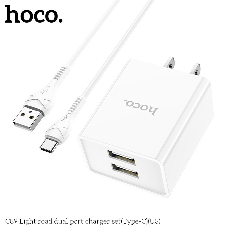 Bộ sạc Hoco C89 dòng 2.1A / 2 cổng ra đầu Lightning, Micro, Type-C dây cáp dài 1m - Chính hãng