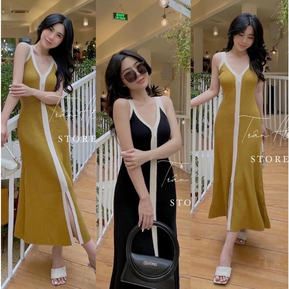 Đầm váy len cổ V hai dây viền dáng dài 120cm xẻ tà Quảng Châu ❤️ Freeship ❤️