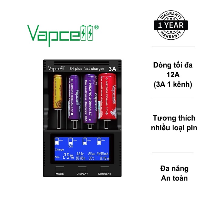 Sạc pin đa năng VAPCELL S4 PLUS v2 4 khe cắm dòng sạc lên đến 12A sạc được tất cả các loại pin sạc