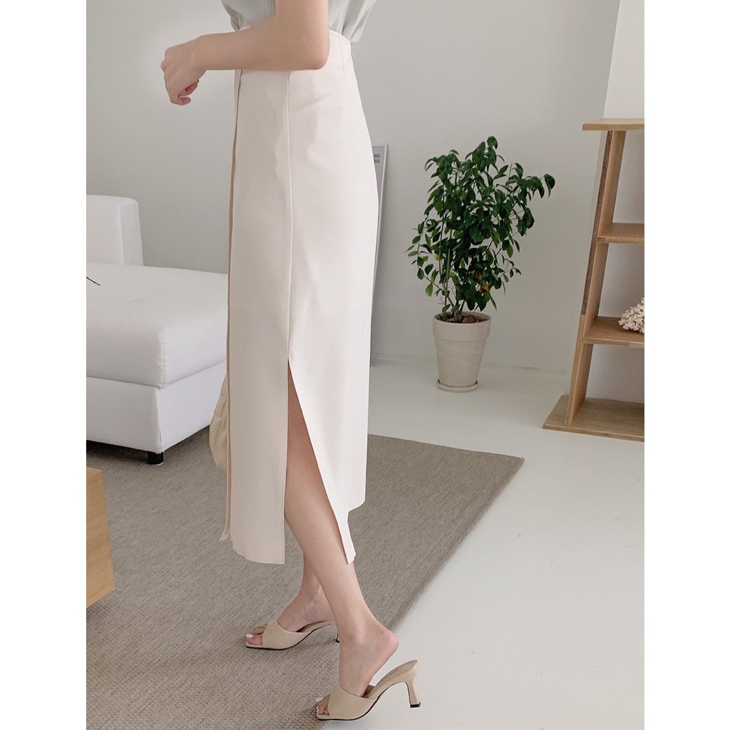 Áo sơ mi cổ chữ V tay ngắn/ chân váy dài xẻ tà 44625 phong cách Hàn Quốc dành cho nữ