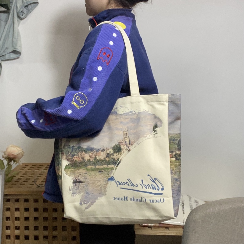 Túi Tote Vải Canvas Cỡ Lớn Họa Tiết Tranh Sơn Dầu Dễ Thương