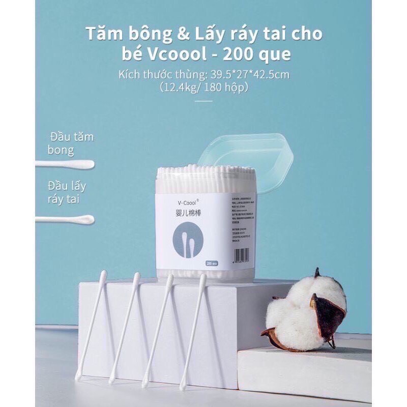 Tăm Bông Đa Năng VCool Lõi Giấy An Toàn Cho Bé Hộp 200 chiếc