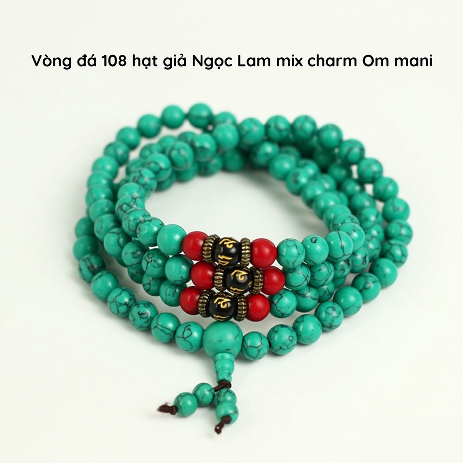 Vòng đá 108 hạt giả Ngọc Lam mix charm Om mani, GIẢM 30% LẤY ĐÁNH GIÁ - Chuỗi hạt niệm - Trong Nhà