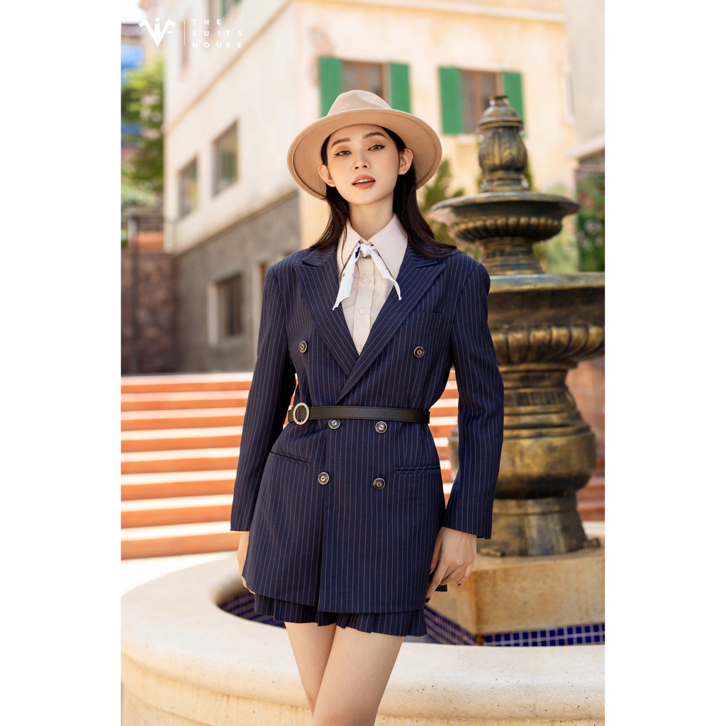 Bộ vest nữ xanh navy kẻ sọc phối chân váy, 6 khuy 2 túi, suits chuẩn form sartorial The Suits House