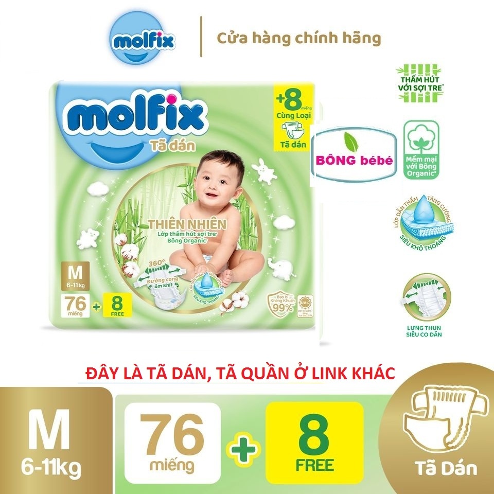 Bỉm dán Molfix thiên nhiên an toàn bông tự nhiên - Super Jumbo M (6kg - 11kg) - Gói 76+8 miếng