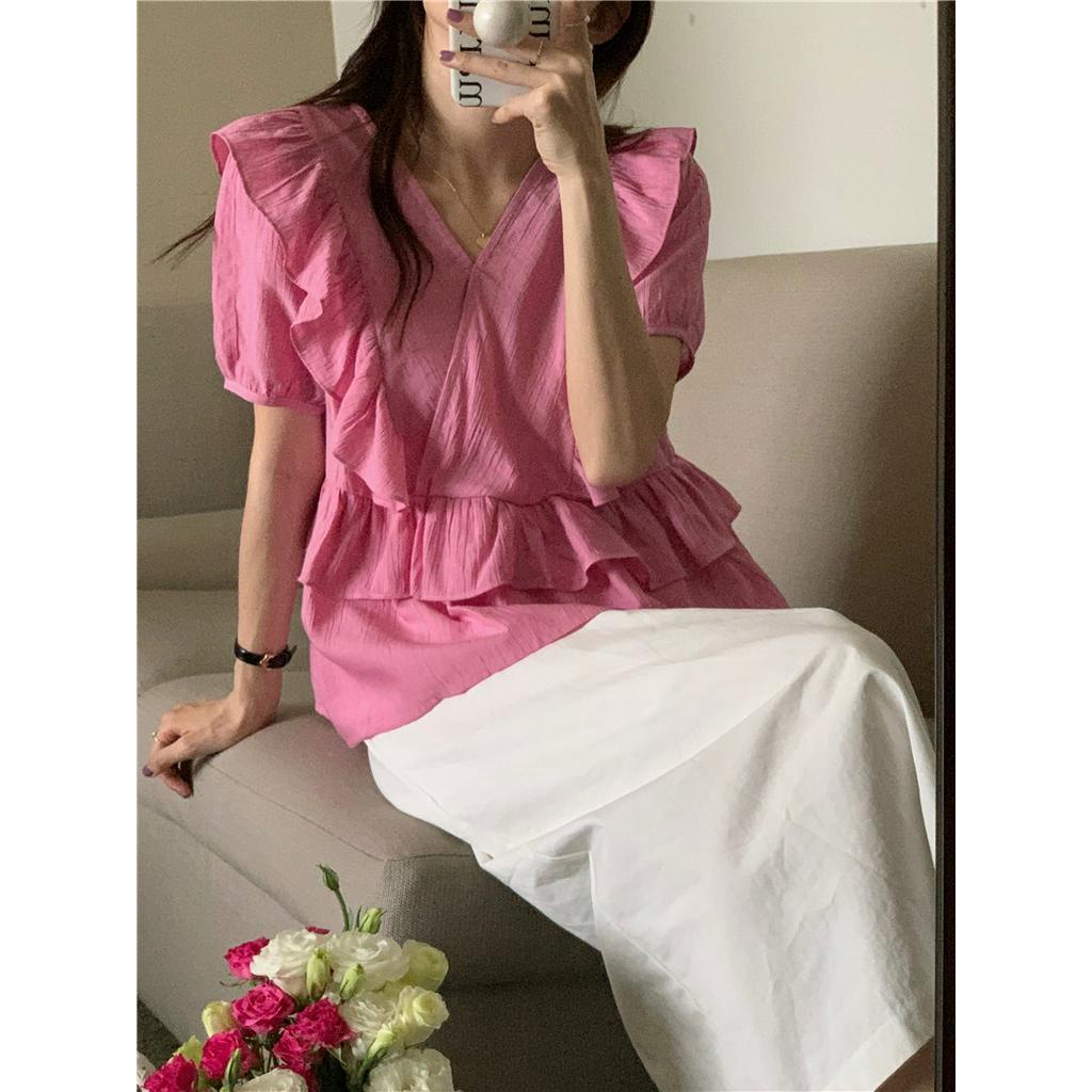 Áo Sơ Mi Nữ Cổ Chữ V Tay Ngắn Xếp Li 51490