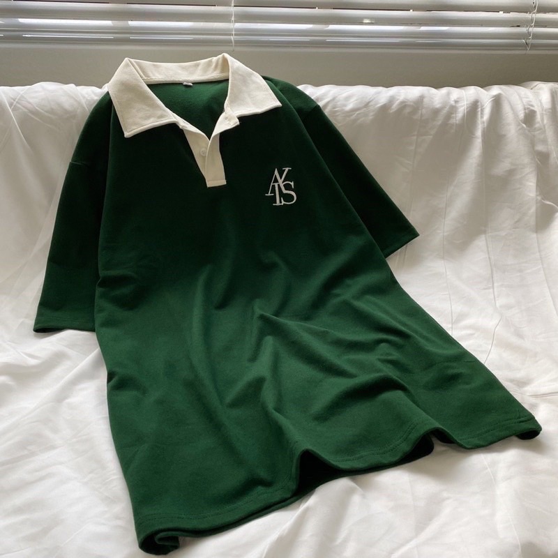 Áo Thun Polo Unisex ATYS màu XANH LÁ/KEM Form Rộng Chất Thun Chữ Thêu 2 Mặt Nam Nữ Áo Cổ Đức Oversize Local Brand