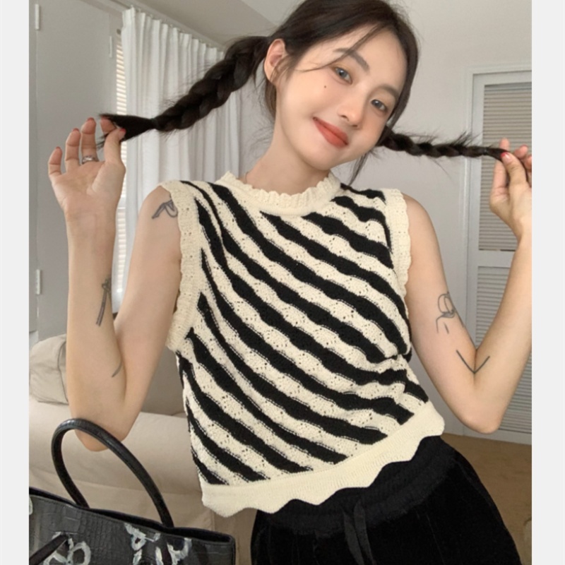 Áo Dệt Kim Sát Nách Kẻ Sọc Thời Trang Ngọt Ngào Cho Nữ