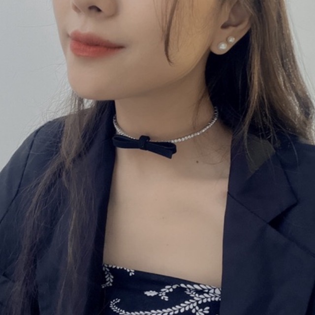 Choker đính đá thắt nơ - Vòng cổ đính đá thắt nơ đen