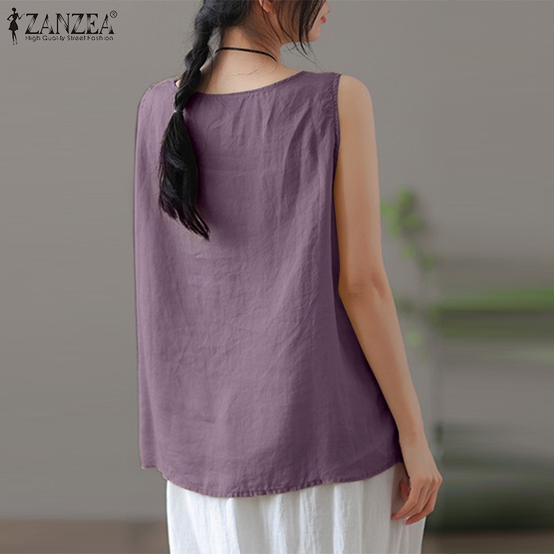 Áo sát nách ZANZEA cổ tròn xếp ly màu trơn phong cách cổ điển thời trang cho nữ