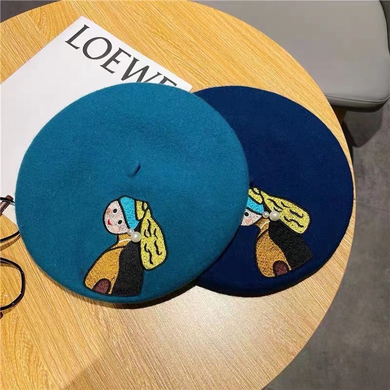 Mũ beret MG STUDIO thêu họa tiết hoạt hình thời trang cho nữ