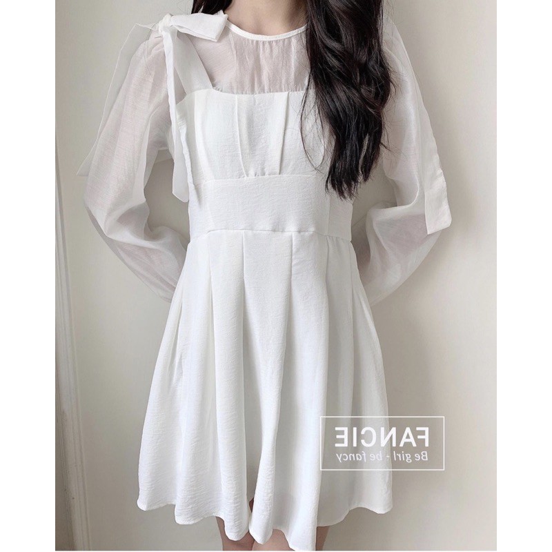 Đầm nữ trắng dễ thương xếp li phối nơ | BigBuy360 - bigbuy360.vn