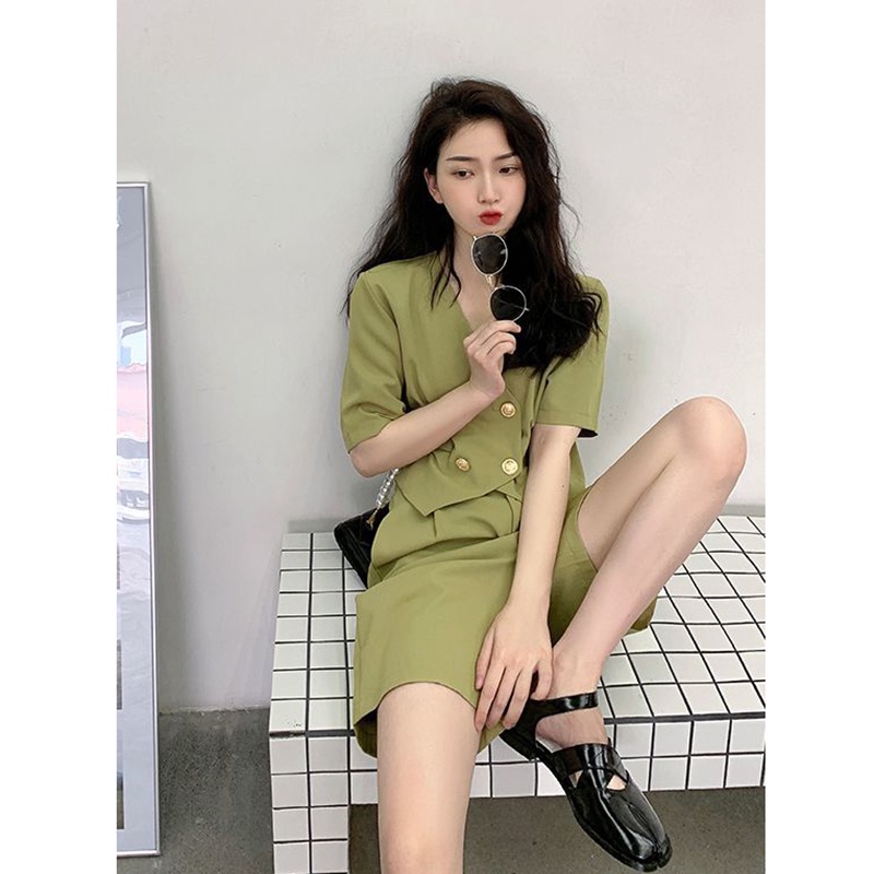 IELGY Bộ Áo Khoác Tay Ngắn + Quần Dài Eo Cao Ống Rộng Thời Trang Cho Nữ